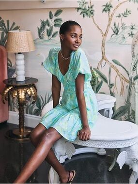 Vineyard Vines Light Blue and Lime Floral V-Neck Ruffle Coastal Mini Dress Sz Sm